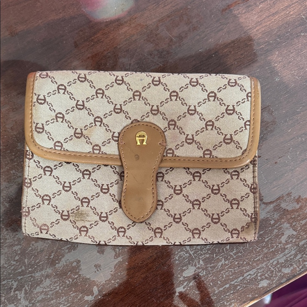 Etienne Aigner Beige and Brown Patterned Clutch